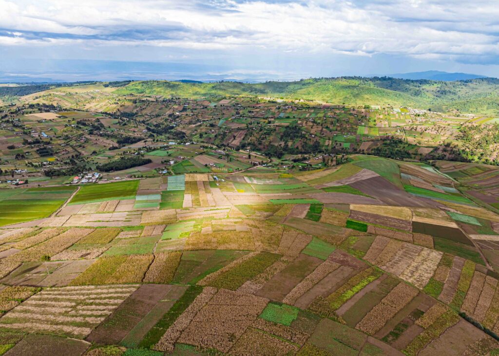 An aerial view of patchwork smallholder farms and hills at Mau Narok in the Kenyan highlands.